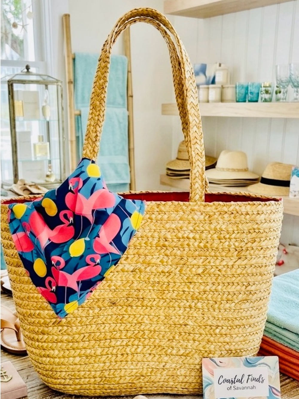 Woven Straw Tote Bag with Navy Flamingo Scarf